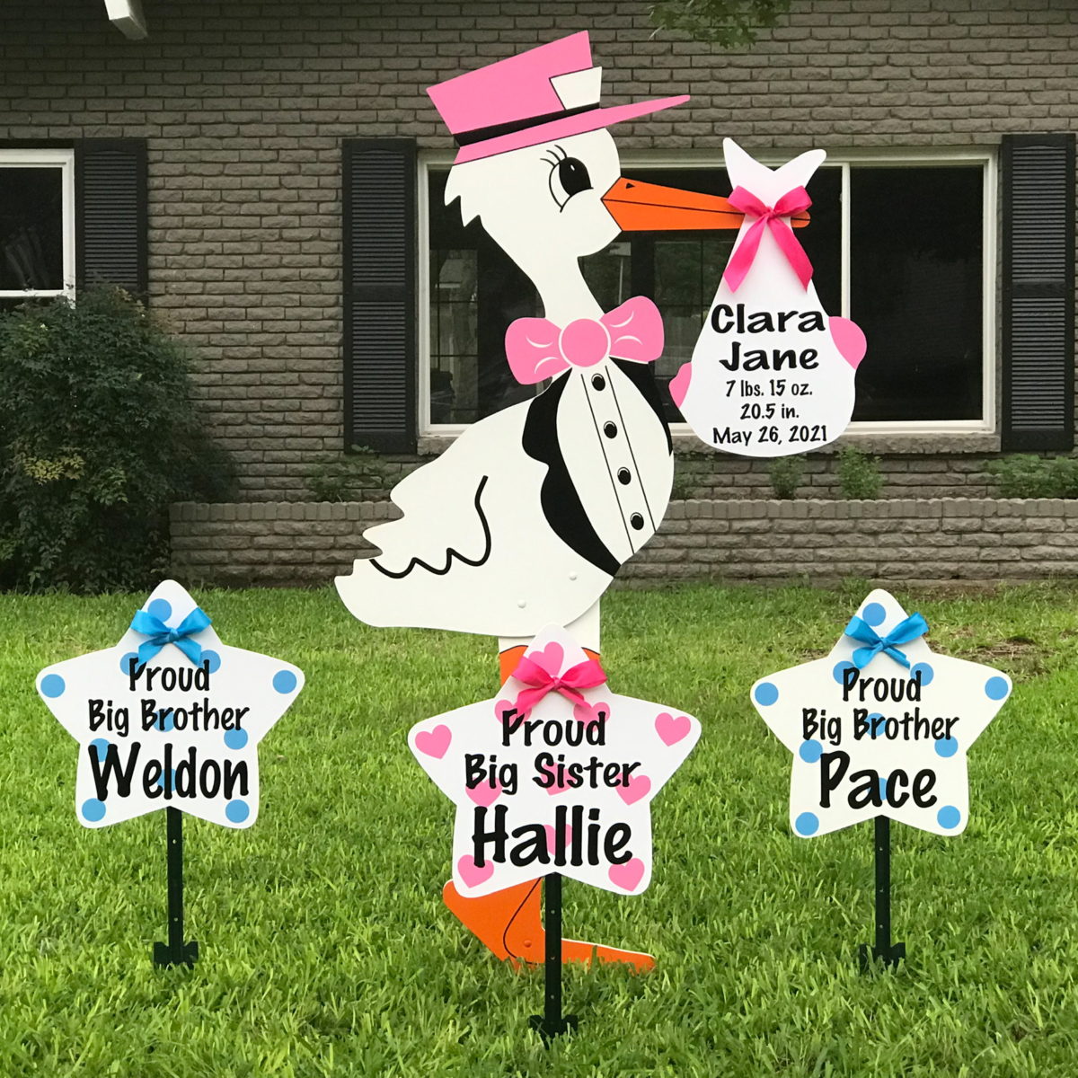 Pink Stork Sign with Star Sibling Signs: Sweetie Bird Storks - Stork Sign Rental, Durham, Chatham, Wake, Orange, Granville County, NC