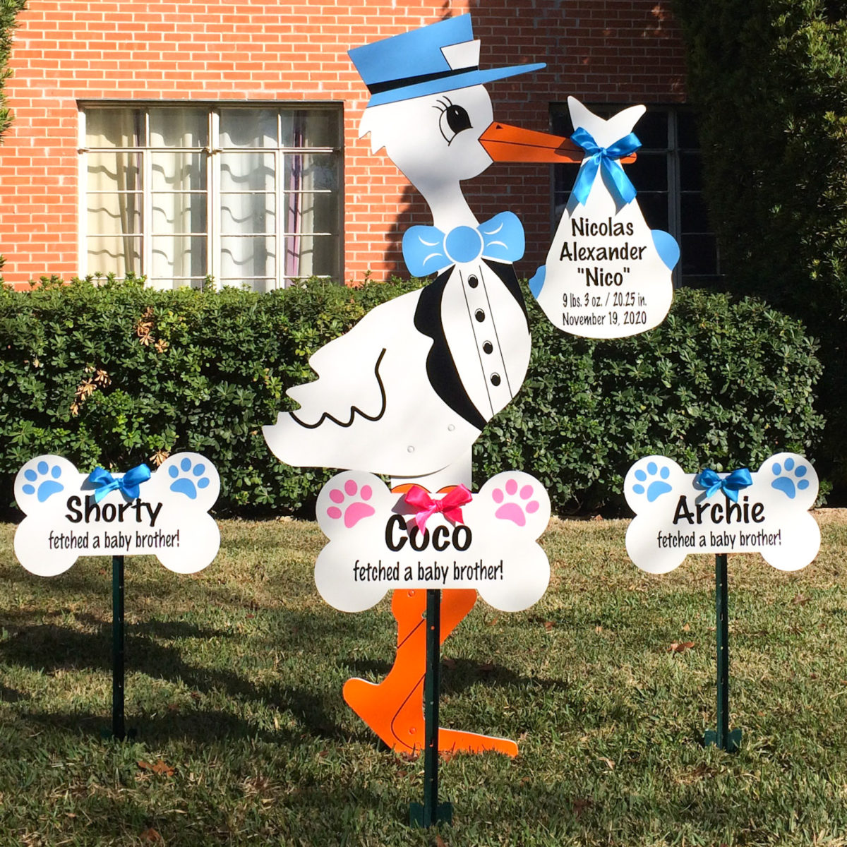 Blue Stork Sign with Dog Bone Signs: Sweetie Bird Storks - Stork Sign Rental, Durham, Chatham, Wake, Orange, Granville County, NC